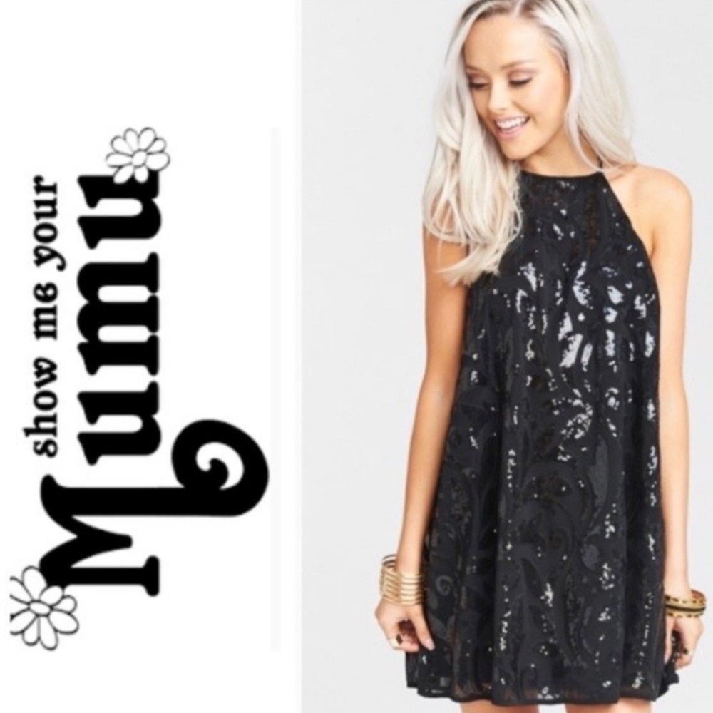 Show‎ Me Your Mumu Gomez Mini Dress Black Sequin Burnout Halter Size Large